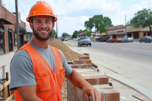 Fototapeta Naklejka Na Ścianę i Meble -  Smiling construction worker with safety gear standing by a brick wall on a sunny day in a small town street