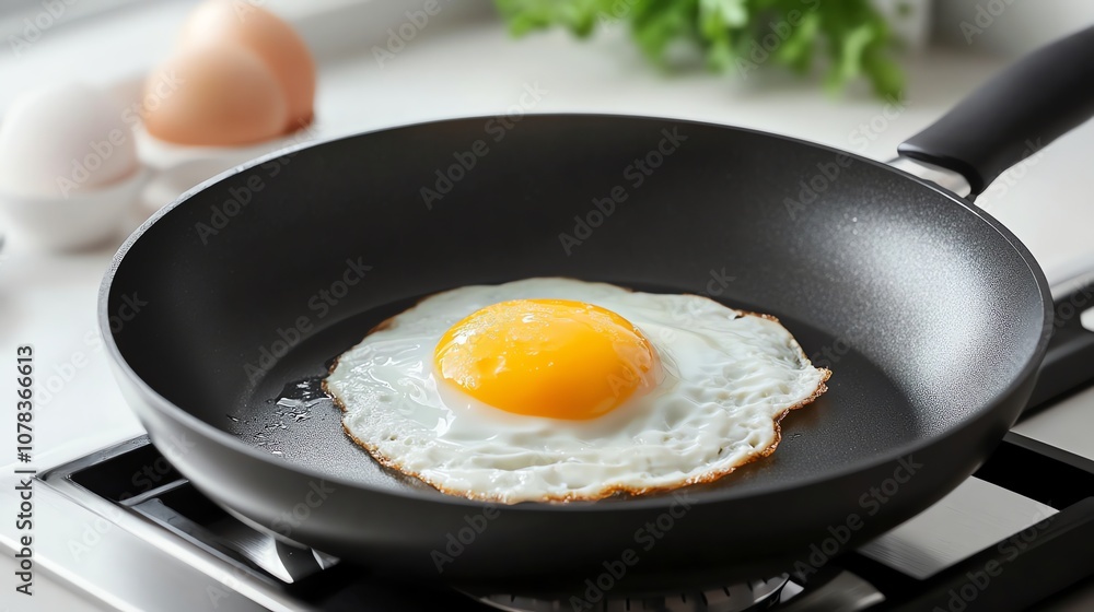 A single fried egg in a black frying pan on a white countertop. A single fried egg in a black frying pan on a white countertop.