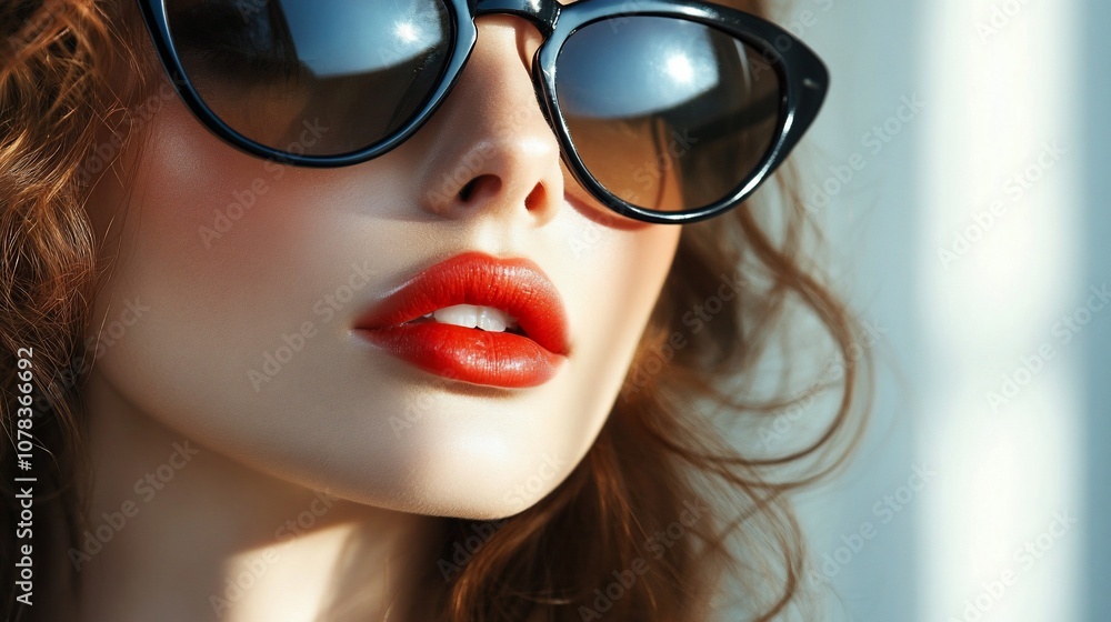 Close-up portrait of a woman wearing sunglasses with red lips. Close-up portrait of a woman wearing sunglasses with red lips.
