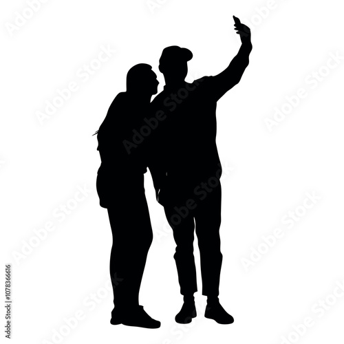 A couple standing side by side, with one person holding the phone for a selfie. The two are close together silhouette