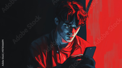 Landscape aspect illustration of a tired teenaged boy or young man staring at his phone, looking worried and serious, with copy space for text. Aspect ratio 16:9