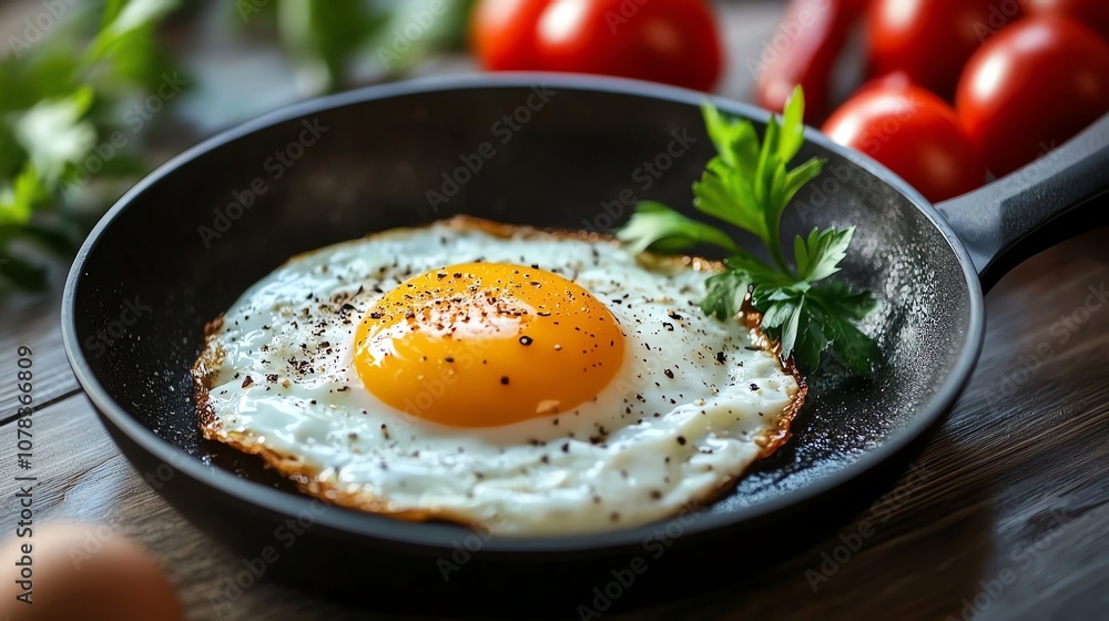 A perfectly cooked fried egg with pepper and herbs in a black skillet. A perfectly cooked fried egg with pepper and herbs in a black skillet.