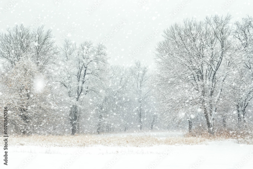 Fototapeta premium Snow falling on bare trees and snow-covered ground.