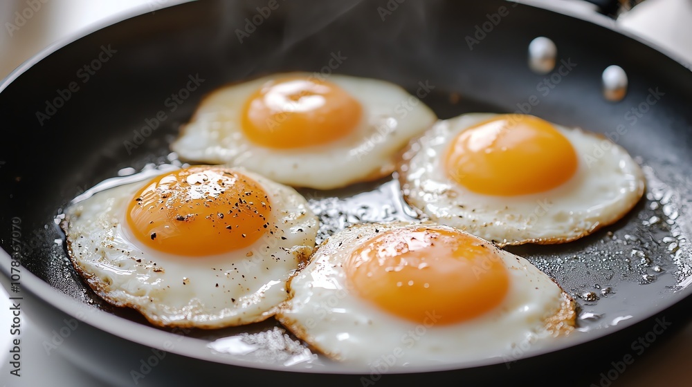Four fried eggs in a black frying pan. Four fried eggs in a black frying pan.