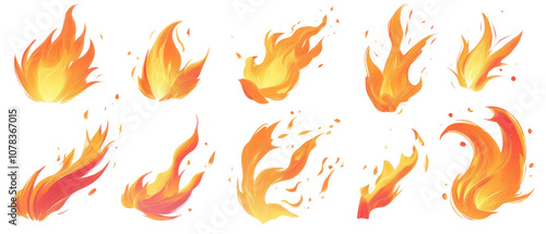 Set of bright and dynamic fire flames isolated transparent background