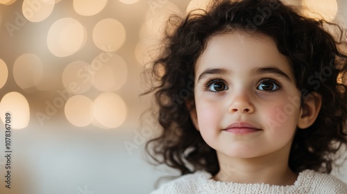 Little Girl with Dreamy Gaze: A portrait of a little girl with curly brown hair and big brown eyes, gazing thoughtfully into the distance.