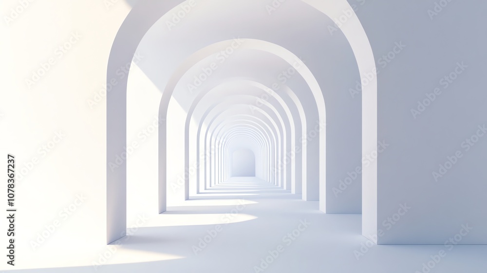 White arches in perspective, disappearing into a bright white light. White arches in perspective, disappearing into a bright white light.