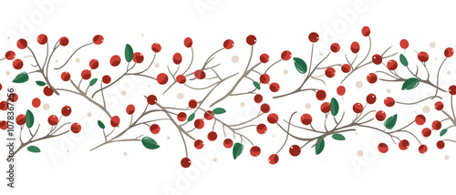 Christmas berry garland horizontal banner. Holly, pine twigs, red berries. Winter nature design, vector illustration