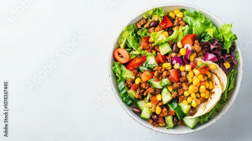 Vegan taco salad bright background clean layout copy space