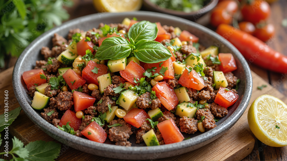 Colorful Turkish-style ground beef salad with vegetables - perfect for Mediterranean recipe blogs, healthy eating websites, and summer cookbooks Colorful Turkish-style ground beef salad with vegetables - perfect for Mediterranean recipe blogs, healthy eating websites, and summer cookbooks