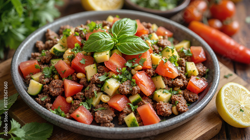 Colorful Turkish-style ground beef salad with vegetables - perfect for Mediterranean recipe blogs, healthy eating websites, and summer cookbooks