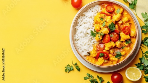 Vegan curry with rice bright background clean layout copy space