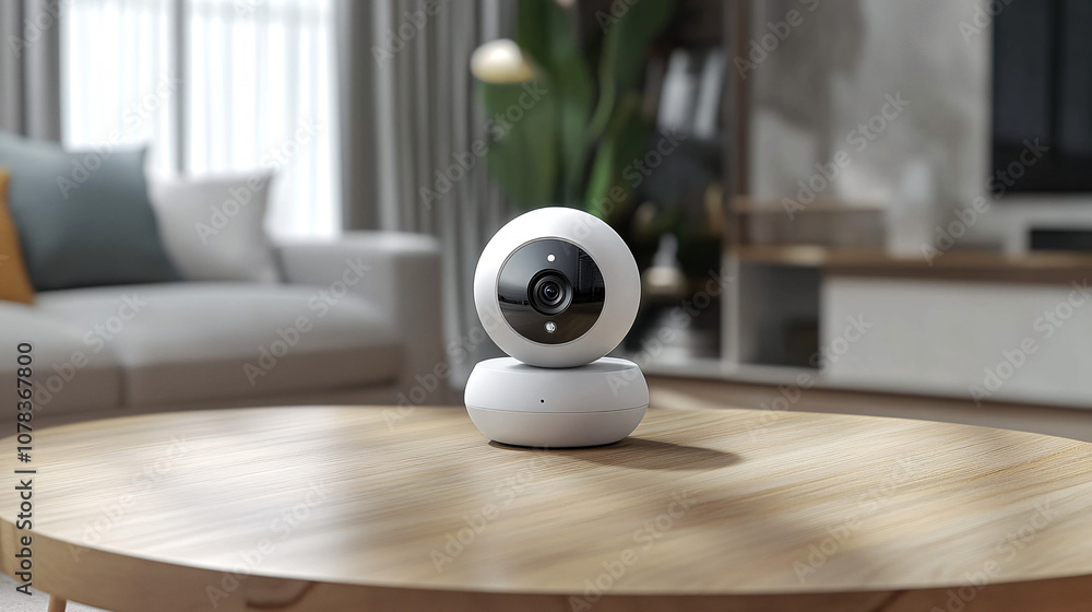 A sleek, modern security camera sits on a wooden table in a stylish living room, surrounded by greenery and soft furnishings. A sleek, modern security camera sits on a wooden table in a stylish living room, surrounded by greenery and soft furnishings.