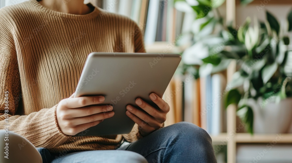 Person using tablet for e-learning bright room clean background copy space Person using tablet for e-learning bright room clean background copy space