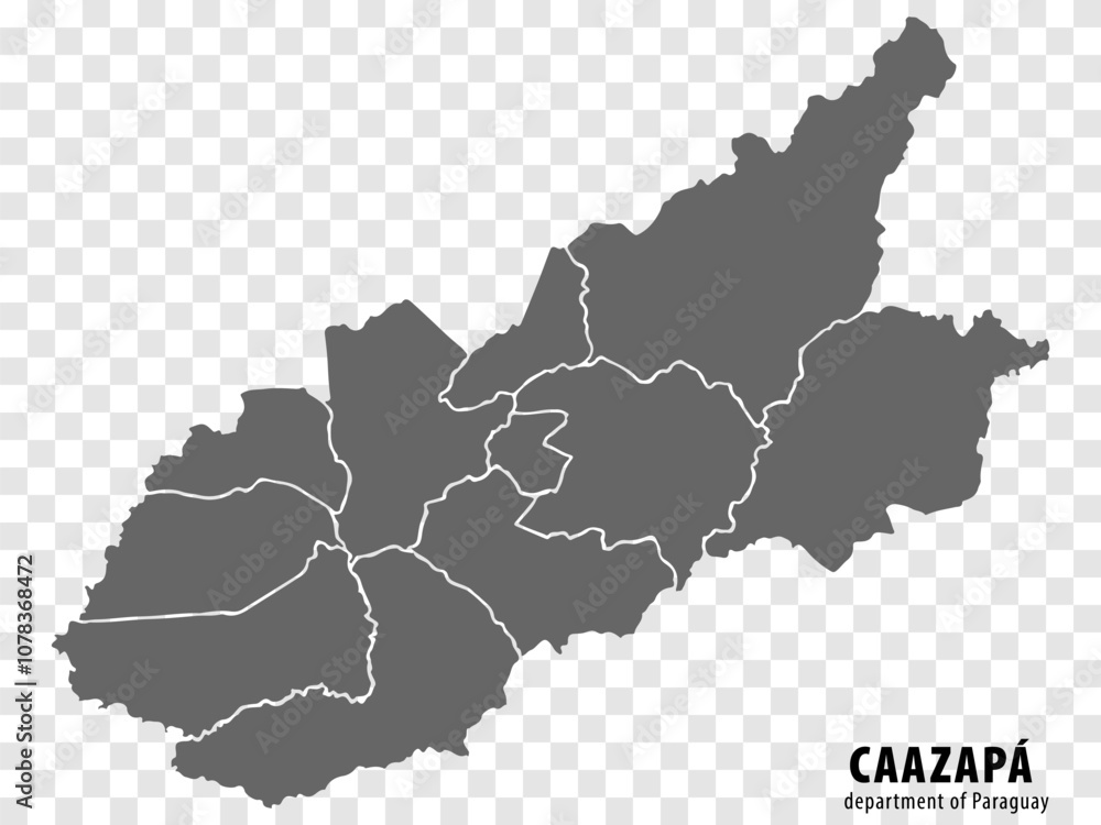 Obraz premium Blank map Caazapa Department of Paraguay. High quality map Department of Caazapa with districts on transparent background for your web site design, logo, app, UI. Republic of Paraguay. EPS10.