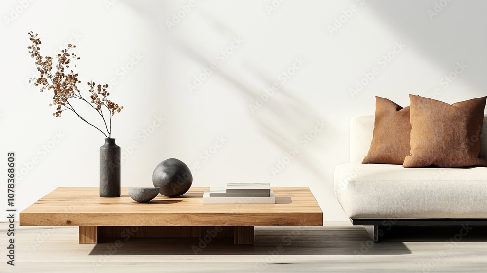 Modern living room interior with minimalist wooden coffee table, decorative vase with branches, two books, and cozy white sofa with brown cushions.