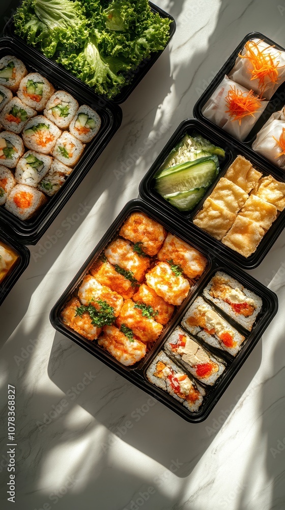 An inviting arrangement of sushi and dumplings displayed in food boxes on a marble surface An inviting arrangement of sushi and dumplings displayed in food boxes on a marble surface