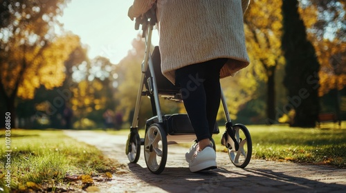Woman using mobility aid in park bright day  clean layout
