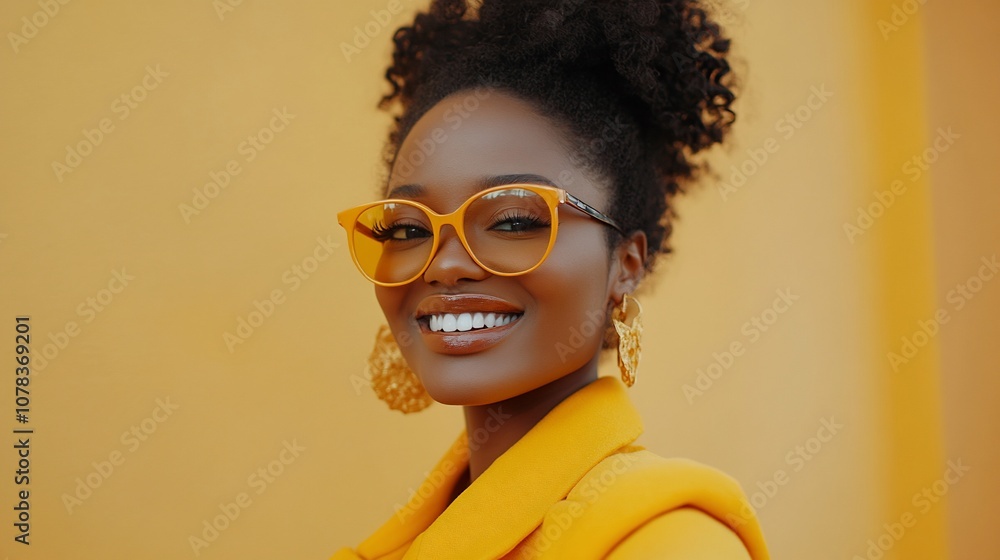 Smiling woman in yellow glasses and jacket on a yellow background. Smiling woman in yellow glasses and jacket on a yellow background.