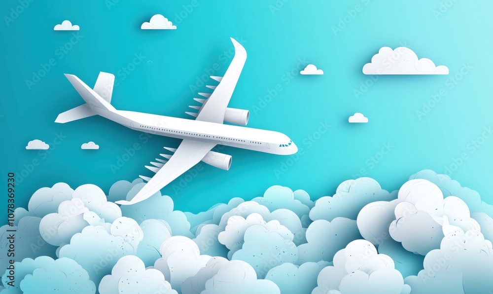 Airplane flying through clouds, paper cut style, blue background Airplane flying through clouds, paper cut style, blue background