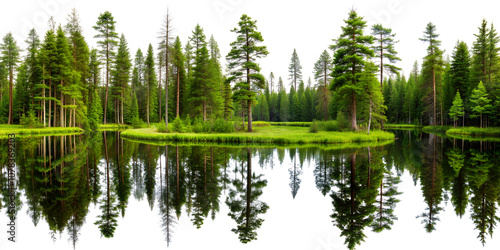  Taiga Forest Scene with Lush Coniferous Trees (Pine, Spruce, Fir) Surrounding a Reflective Pond. isolated on transparent. PNG, cutout, or clipping path.