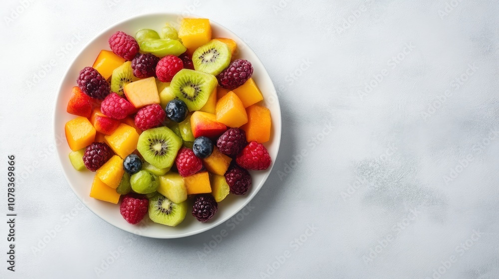 Plate of fresh fruit platter bright background clean layout copy space Plate of fresh fruit platter bright background clean layout copy space