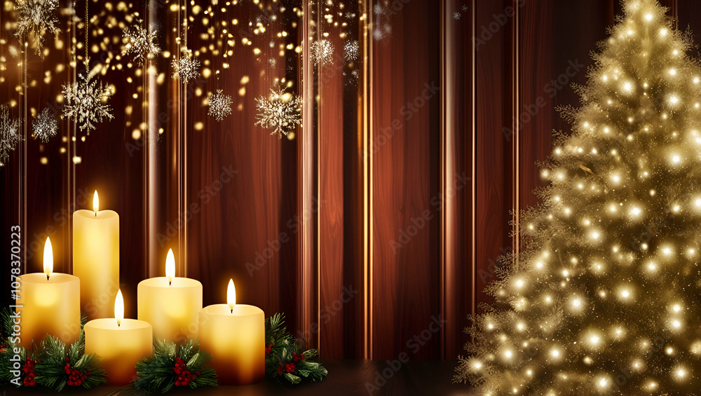 Cozy Christmas background with warm candlelight effects, blurred Christmas tree lights, and a faint snowfall on a rich wooden texture. Cozy Christmas background with warm candlelight effects, blurred Christmas tree lights, and a faint snowfall on a rich wooden texture.