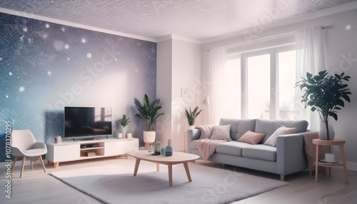 Scandinavian living room interior design zoom background,Doodle Galaxy patterned wallpaper graphics