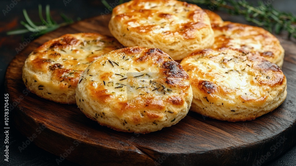 Golden Cheese and Herb Biscuits on Rustic Wooden Board Golden Cheese and Herb Biscuits on Rustic Wooden Board