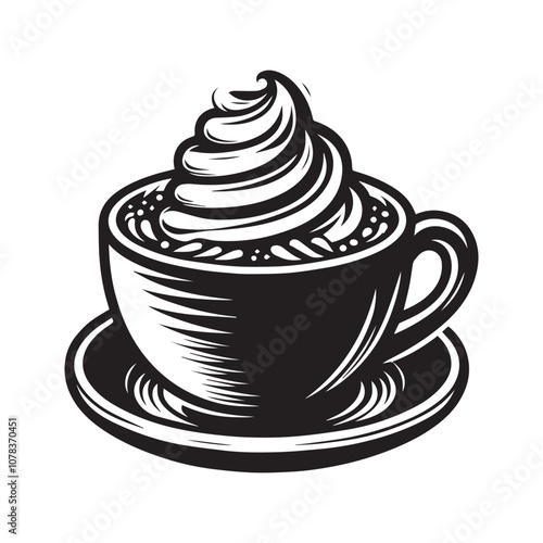 Indulge in a Luxurious Cup of Whipped Cream Delight. This captivating black and white illustration showcases a charming cup brimming with a rich, swirling topping of whipped cream.