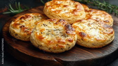 Golden Cheese and Herb Biscuits on Rustic Wooden Board