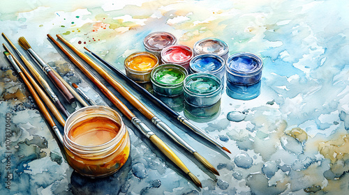 A vibrant watercolor painting setup featuring brushes and jars of colorful paint on a textured surface, highlighting the art of creativity and expression. photo