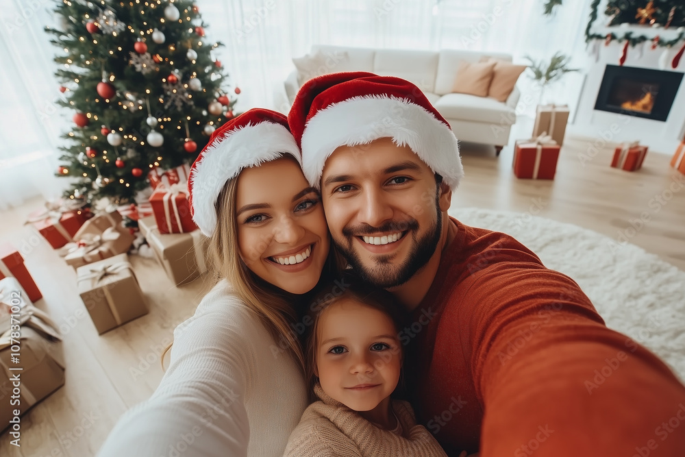 Happy family party in cozy living room decorated with christmas tree and gifts. Celebrating Christmas and New Years Eve concept Happy family party in cozy living room decorated with christmas tree and gifts. Celebrating Christmas and New Years Eve concept