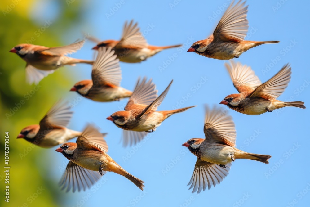 Obraz premium A flock of sparrows in flight against a clear blue sky during midday in a vibrant setting