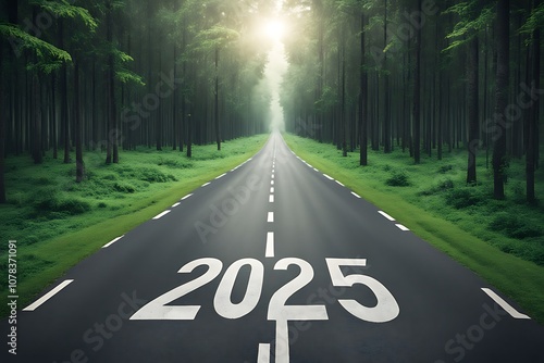 New year 2025 or straight forward concept. Text 2025 written on the road in the middle of asphalt road with at sunset. Concept of planning, goal, challenge, new year resolution. photo