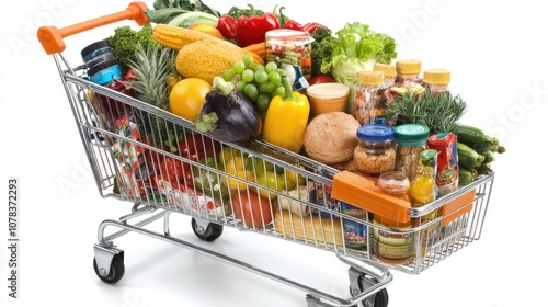 Close-up of a shopping cart loaded with a variety of groceries, showing fresh produce and pantry items on white.