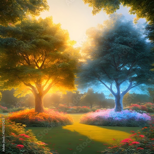 Two Trees in the Garden of Eden, namely the Tree of Life and the Tree of Knowledge, Genesis Illustration
 photo