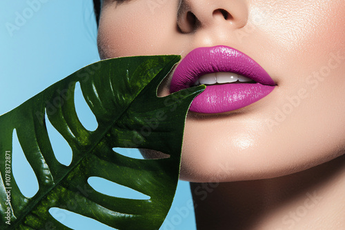 sensual woman lips among selvatic leaf, beauty, organic, luxury photo