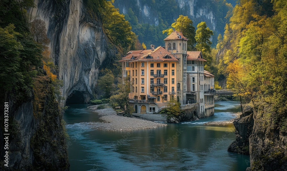 Scenic riverside villa surrounded by cliffs and autumn foliage Scenic riverside villa surrounded by cliffs and autumn foliage