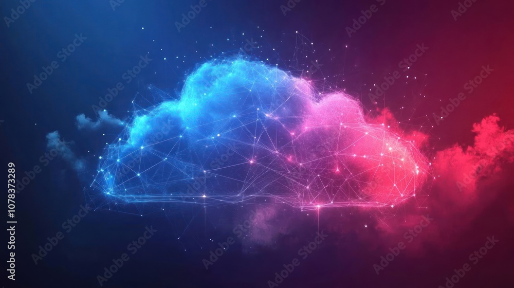 Abstract cloud shape made of lines and dots in blue and red on a dark background. Abstract cloud shape made of lines and dots in blue and red on a dark background.
