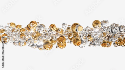 Gold cosmetic serum with liquid bubbles in a 3D abstract background. Hydrating essence gel enriched with collagen molecules. Moisturizing cream or oil for advanced skincare, beauty, and skin health.