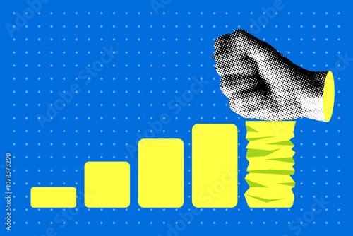 Concept of financial crisis. Modern collage with human hand destroying a sales chart. Human factor, mistake. Problems in business