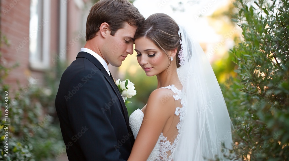 A bride and groom embrace on their wedding day, standing close together and looking at each other with love and affection.