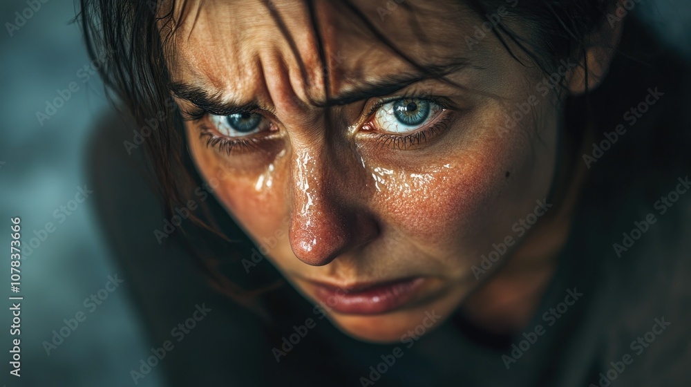 Close-up of a woman with tear-filled eyes, her expression showing intense sorrow and grief. Close-up of a woman with tear-filled eyes, her expression showing intense sorrow and grief.