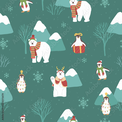 Winter Christmas seamless pattern of polar bear and penguin landscape mountain animal vector illustration