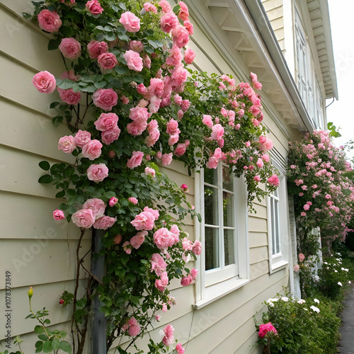 beautiful p ink roses on house