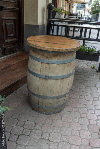 Barrel sits on a brick walkway