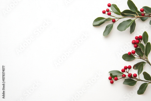 A minimal and elegant design showcasing realistic holly sprigs with vivid green leaves and shiny red berries, arranged on a neutral white background with ample copy space for a festive greeting.