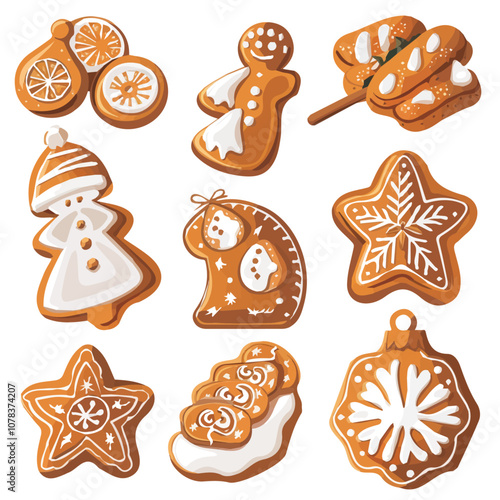 Simple flat 2D icon Christmas gingerbread set isolated on transparent background, vector, flat design, animation design, vector, flat design, animation design, simple flat 2D icon, design, clipart