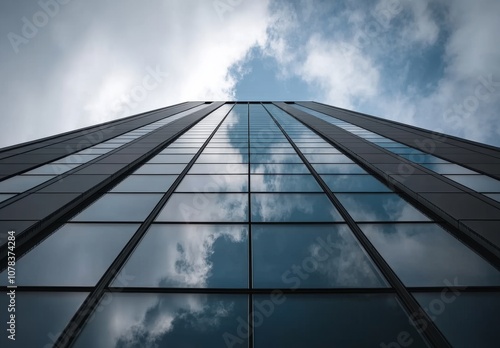 Modern Office Building with Large Windows and Angular Concrete Design Against Blue Sky